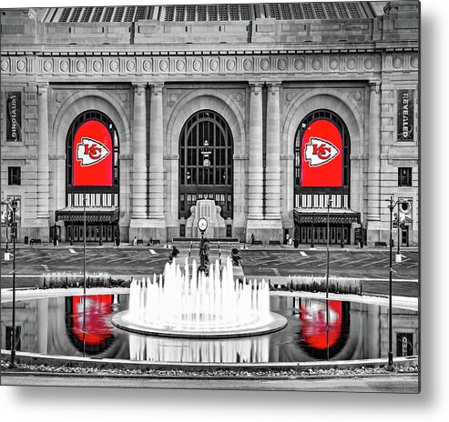 Kansas City Metal Print featuring the photograph Chiefs Banner Reflections - Kansas City Union Station in Selective Color by Gregory Ballos