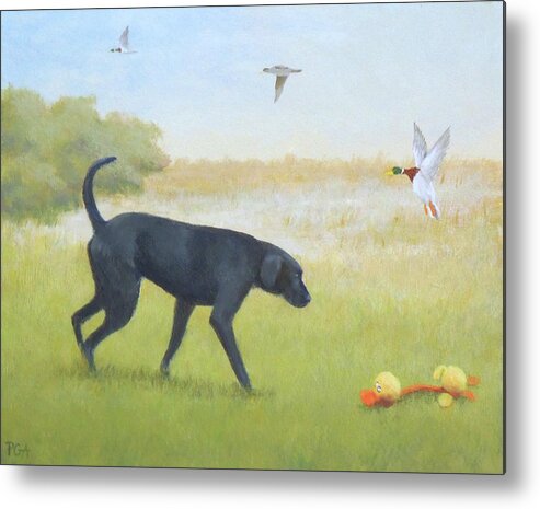 Black Lab Metal Print featuring the painting City Dog by Phyllis Andrews