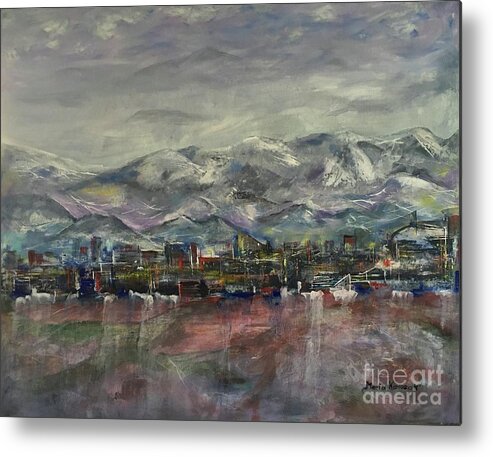 Oil Painting Metal Print featuring the painting City under Mountain by Maria Karlosak