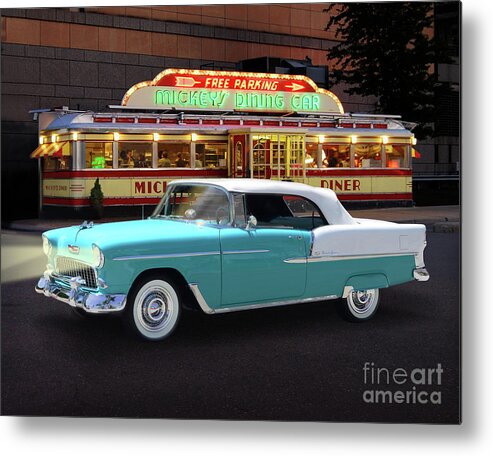 1955 Metal Print featuring the photograph Classic '55 Chevy Convertible At Mickey's Diner by Ron Long