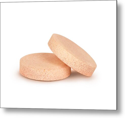 Vitamin Metal Print featuring the photograph Close-up Of Two Vitamins Pills Isolated On White Background by Krafla