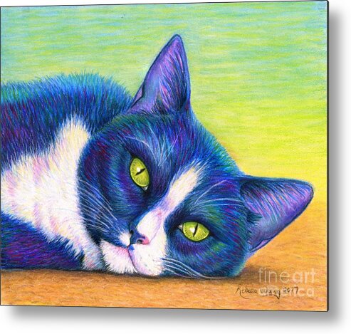 Cat Metal Print featuring the drawing Colorful Tuxedo Cat by Rebecca Wang