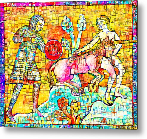 Wingsdomain Metal Print featuring the photograph Contemporary Medieval Art Unicorn Injured By A Kings Soldier Being Comforted By A Maiden 20201021v4 by Wingsdomain Art and Photography