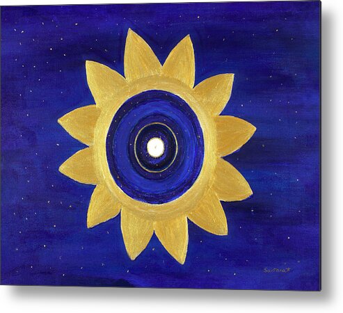Golden Flower Heart Lotus Floating In Space Cosmic Symbol Mandala Metal Print featuring the painting Cosmic Lotus by Santana Star
