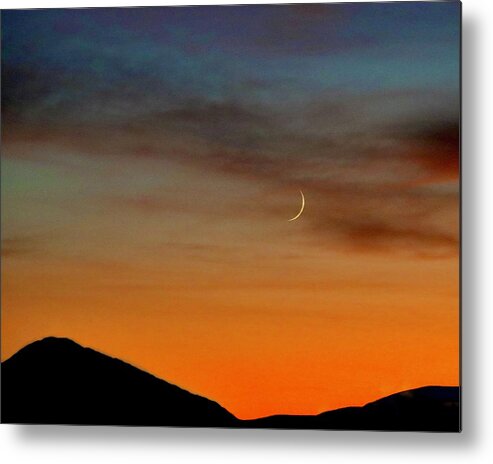 Moon Metal Print featuring the photograph Crescent Moon at Sunset by Sarah Lilja