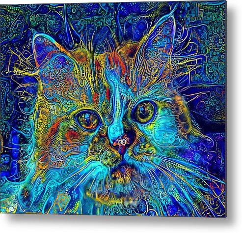 Persian Cat Metal Print featuring the digital art Cute Persian cat with blue and cyan colorful patterns by Nicko Prints