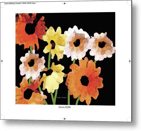 Daisies Flowers Floral Nature Digital Art Impressionism Photography Bold Stark Colorful Peggy Cooper Hendon Orange Yellow White Black Interior Design Playful Fun Metal Print featuring the photograph Daisies 2020B by Peggy Cooper-Hendon