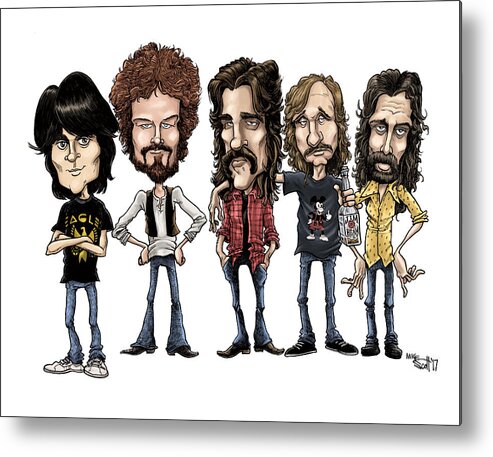 Cartoon Metal Print featuring the drawing Eagles, 1976 in color by Mike Scott