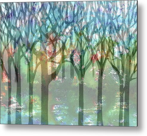Abstract Forest Metal Print featuring the painting Enchanted Forest Watercolor Silhouette Trees Branches Splashes Reflections by Irina Sztukowski