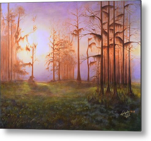Florida Metal Print featuring the painting Foggy Florida Cypress Sunrise by William Dickgraber