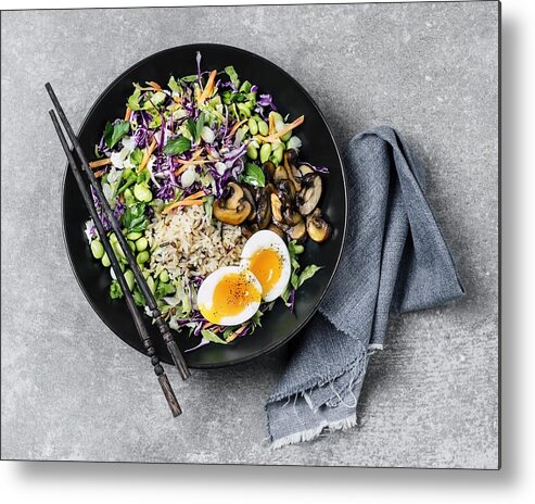 Edible Mushroom Metal Print featuring the photograph Fresh salad with fried rice and boiled eggs by Claudia Totir