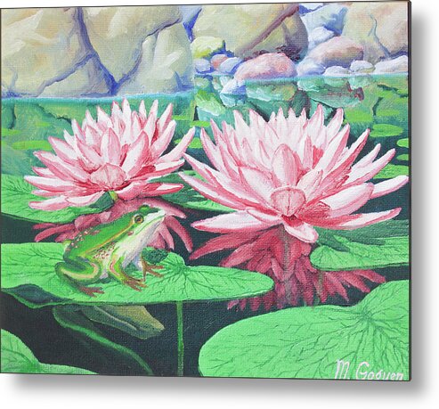 Frog Metal Print featuring the painting Frog with Waterlilies by Michael Goguen