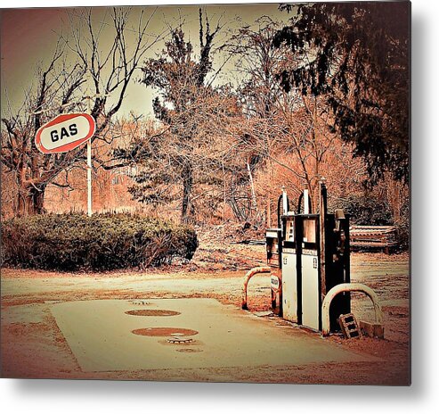 Gas Station Pumps Trees Metal Metal Print featuring the photograph Gas Station by John Linnemeyer