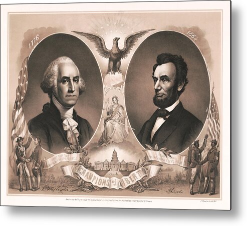 George Washington Metal Print featuring the drawing George Washington and Abraham Lincoln - The Champions Of Liberty - 1865 by War Is Hell Store