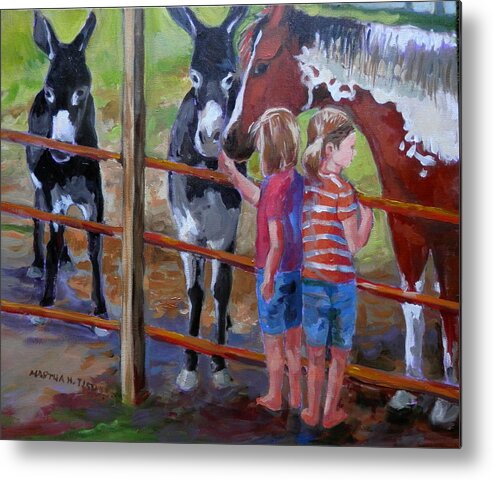 Horse Metal Print featuring the painting Girls with Horse and Donkdys by Martha Tisdale