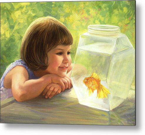 Girl And Goldfish Metal Print featuring the painting Goldfish friend by Laurie Snow Hein