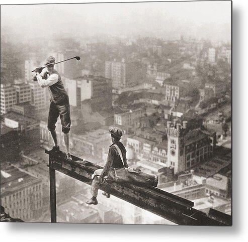 Golf Metal Print featuring the painting Golfer On Girder Over New York Sepia by Tony Rubino