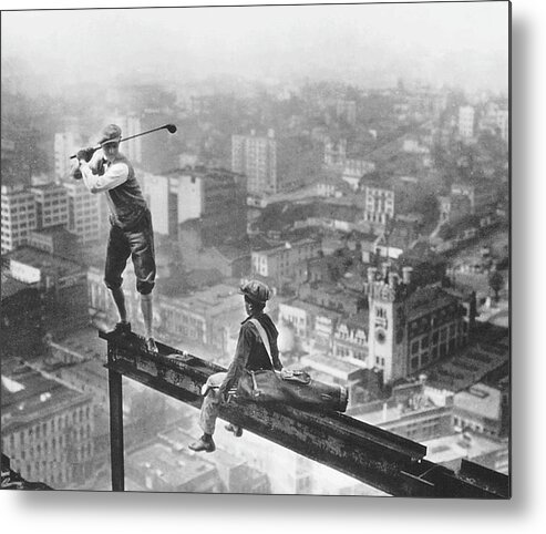 Golf Metal Print featuring the painting Golfer On Girder Over New York by Tony Rubino
