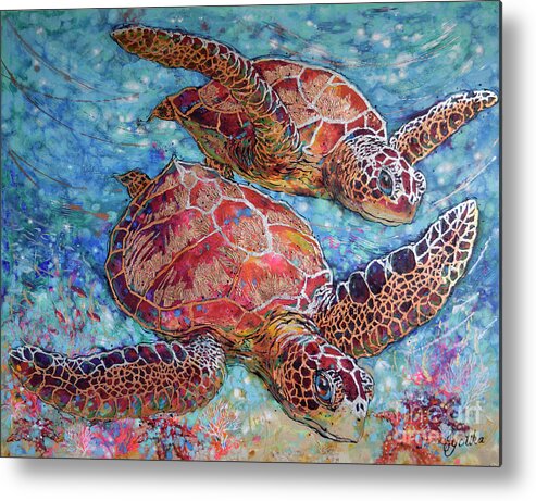 Green Sea Turtles Metal Print featuring the painting Grand Sea Turtles by Jyotika Shroff