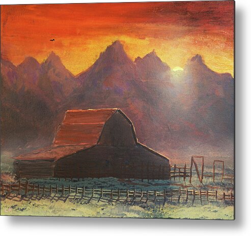 Grand Teton Metal Print featuring the painting Grand Teton and Moulton Barn Sunset by Chance Kafka