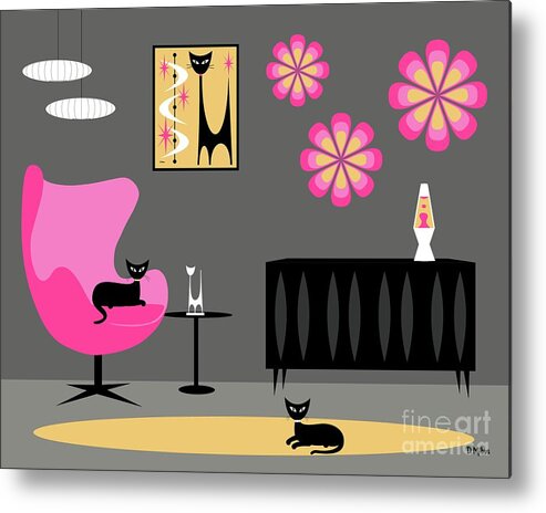 Mid Century Cat Metal Print featuring the digital art Groovy Pink Yellow and Gray Room by Donna Mibus