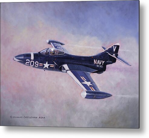 Flying Metal Print featuring the painting Grumman F-9F Panther by Douglas Castleman