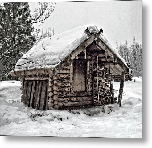 Hammered Hut House Heaven Winter Heavy Snowing Outside Snowdrifts Locked Wood Wooden Log Christmas Atmospheric Traditional Russian Scandinavian Cods Freezing Frozen Covered Landscape Serenity Standing Away Deep Snow Mystery Bizarre Character Texture Textural Snowfall Uzbushka Conceptual Wonderland Tail Fairy Closed Cold Elements Door Painterly Pastel Alone Single Solo Solitary Evocative Haven Nowhere Isolated Amusing Odd Peculiar Quirky Eccentric Weird Magical Abandoned Derelict Battered Nice Metal Print featuring the photograph Locked Until Summer - Hut, Heavy Snowing, Izbushka by Tatiana Bogracheva