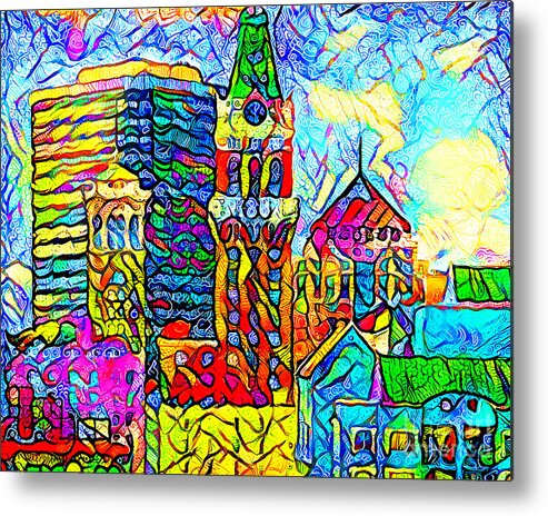 Wingsdomain Metal Print featuring the photograph Happy Cheerful Contemporary Oakland Tribune And The Oakland Skyline 20200829 by Wingsdomain Art and Photography