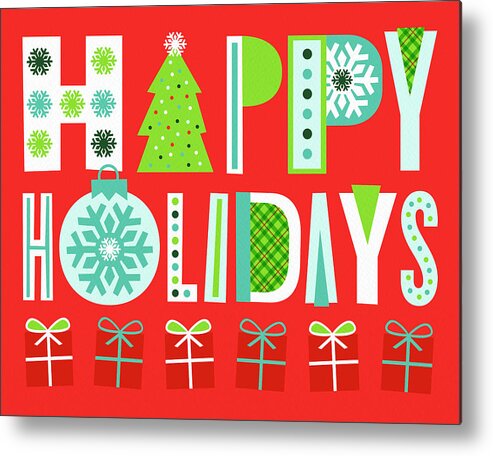 Red Metal Print featuring the painting Happy Holidays Typographic Greeting Card Art by Jen Montgomery by Jen Montgomery
