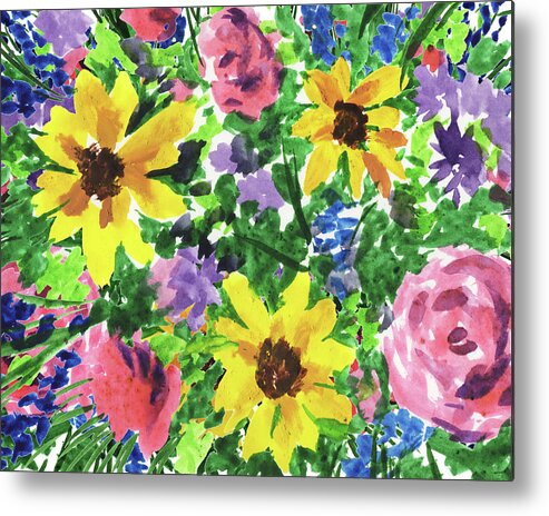 Happy Metal Print featuring the painting Happy Impressionistic Flowers Yellow Pink Blue Watercolor Bouquet by Irina Sztukowski