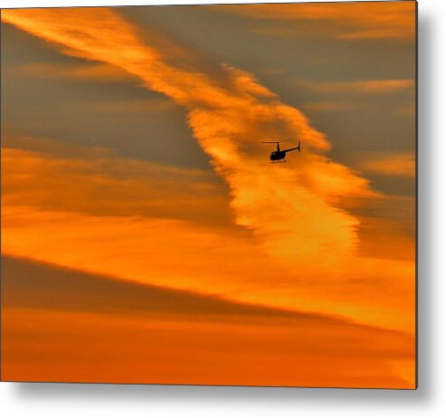 Helicopter Metal Print featuring the photograph Helicopter Approaching at Sunset by Linda Stern