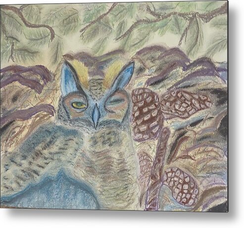 Horned Owl Metal Print featuring the pastel Horned Owl Nesting by Suzanne Berthier