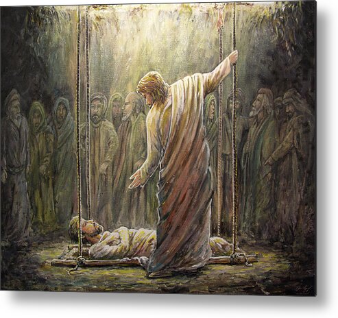 Jesus Metal Print featuring the painting Jesus Heals a Paralyzed Man by Aaron Spong