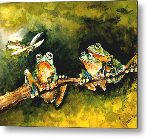 Funny Frogs Dragonfly Metal Print featuring the painting Join Us by Marnie Clark