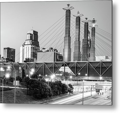 Kansas City Metal Print featuring the photograph Kansas City Sky Stations And Skyline At Dusk - Black And White Edition by Gregory Ballos