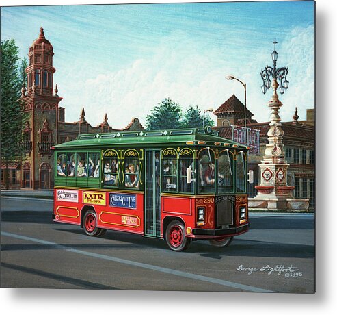 Architectural Landscape Metal Print featuring the painting KC Trolley on The Plaza by George Lightfoot