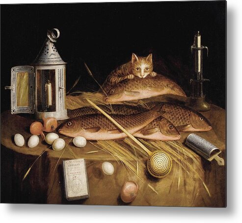  Natural History Metal Print featuring the drawing Kitchen Still Life with Fish and Cat circa by Circle Of Sebastian Stoskopff German