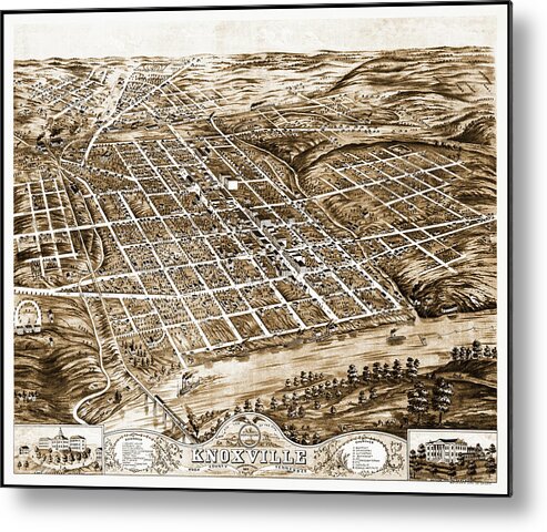 Knoxville Metal Print featuring the photograph Knoxville Tennessee Birds Eye View Antique Map 1871 Sepia by Carol Japp
