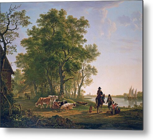 Jacob Van Strij Metal Print featuring the painting Landscape with trees and cattle, Dordrecht in the background by Jacob van Strij