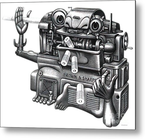 1950s Metal Print featuring the drawing Living Machine 1950s Brown and Sharpe machine tool, part of a series. by Boris Artzybasheef