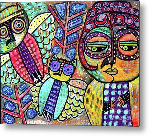  Metal Print featuring the painting Magical Gemstone Tree Owls by Sandra Silberzweig
