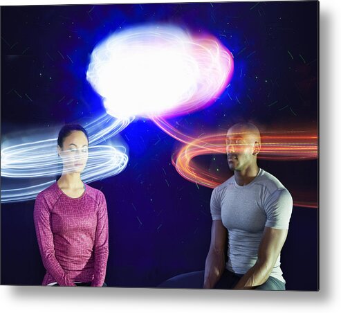 Young Men Metal Print featuring the photograph Man And Woman Connected By Light Trails by Tara Moore