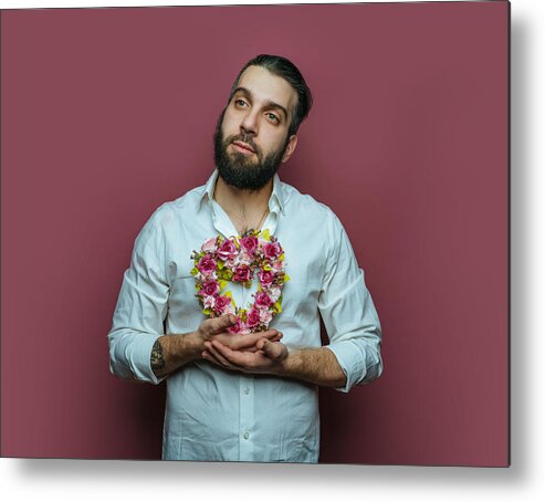 Young Men Metal Print featuring the photograph Man holding small heart wreath by Ian Ross Pettigrew