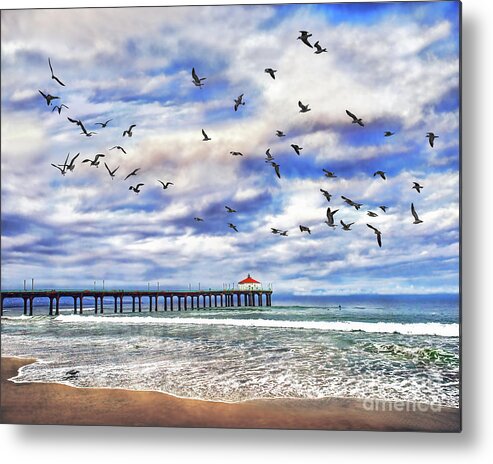 Gulls Metal Print featuring the photograph Manhattan Beach Pier And Seagulls, Sunrise, California by Don Schimmel