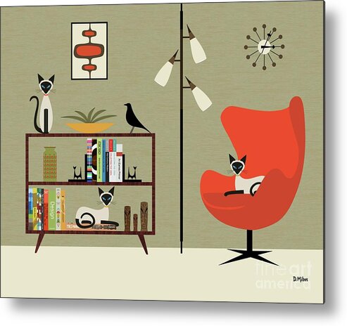 Mid Century Modern Metal Print featuring the digital art Mid Century Bookcase Room with Siamese by Donna Mibus
