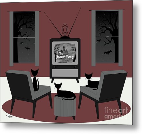 Cats Watch Tv Metal Print featuring the digital art Mid Century Cats Watch Addams Family by Donna Mibus