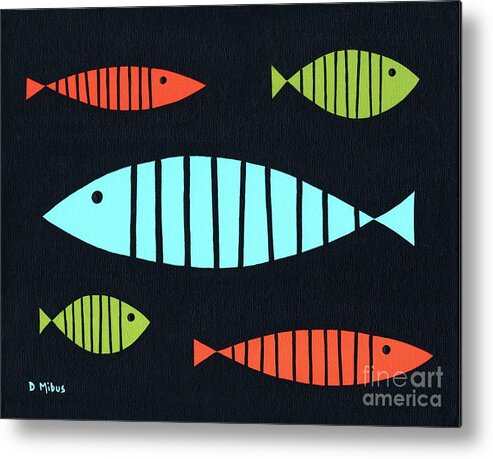 Mid Century Modern Metal Print featuring the painting Mid Century Modern Blue, Orange and Green Fish by Donna Mibus