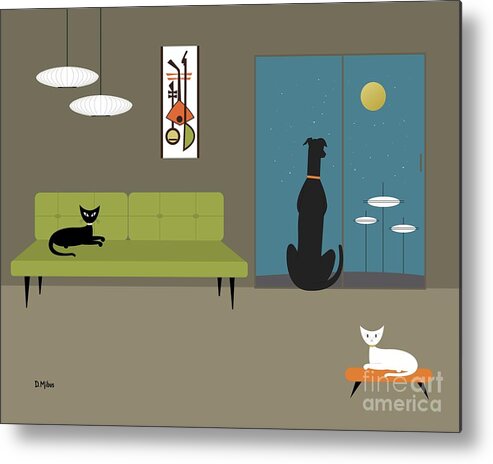Mid Century Modern Metal Print featuring the digital art Mid Century Room with Dog and Cats by Donna Mibus