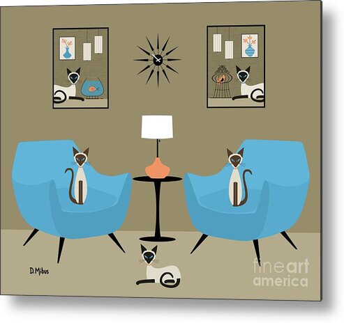 Siamese Cat Metal Print featuring the digital art Mid Century Room with Siamese Cats by Donna Mibus