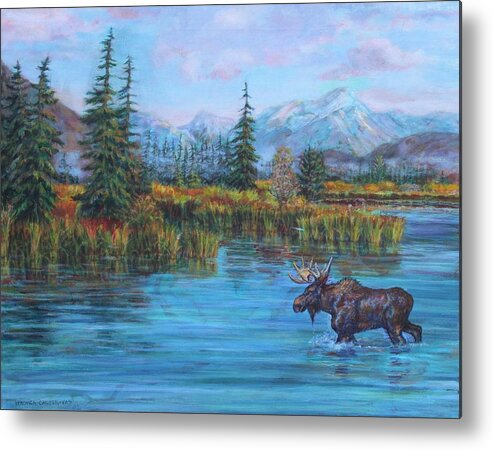 Wild Animal Metal Print featuring the painting Moose Lake by Veronica Cassell vaz